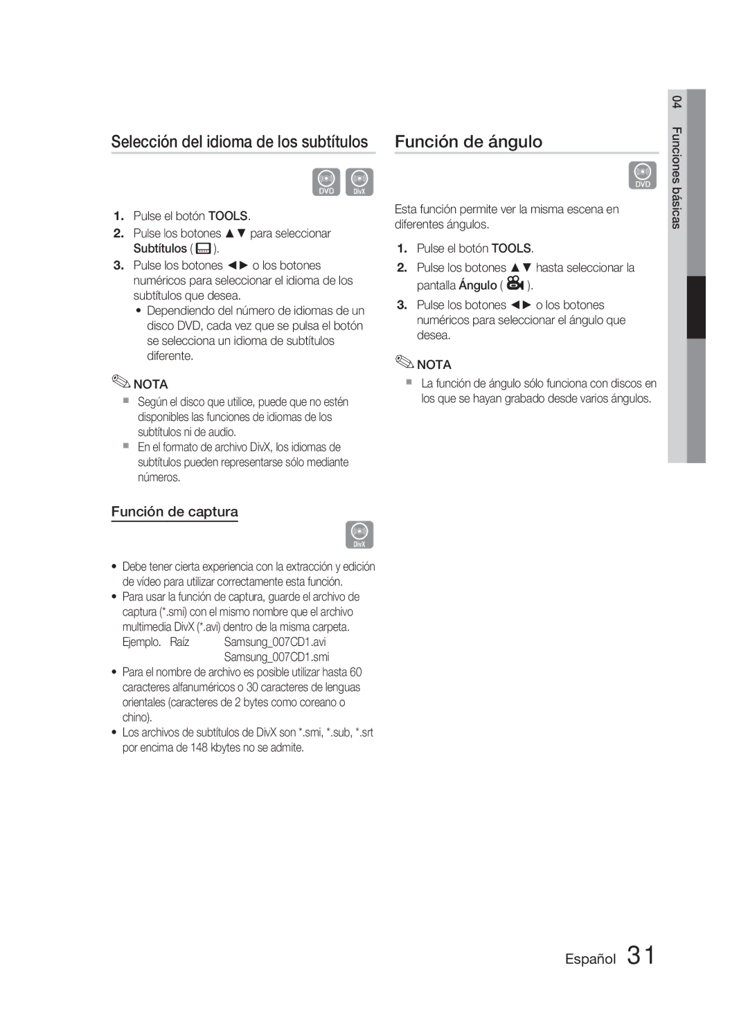 Samsung HT-C350/MEA, HT-C350/XEF Función de ángulo, Función de captura, Multimedia DivX *.avi dentro de la misma carpeta 