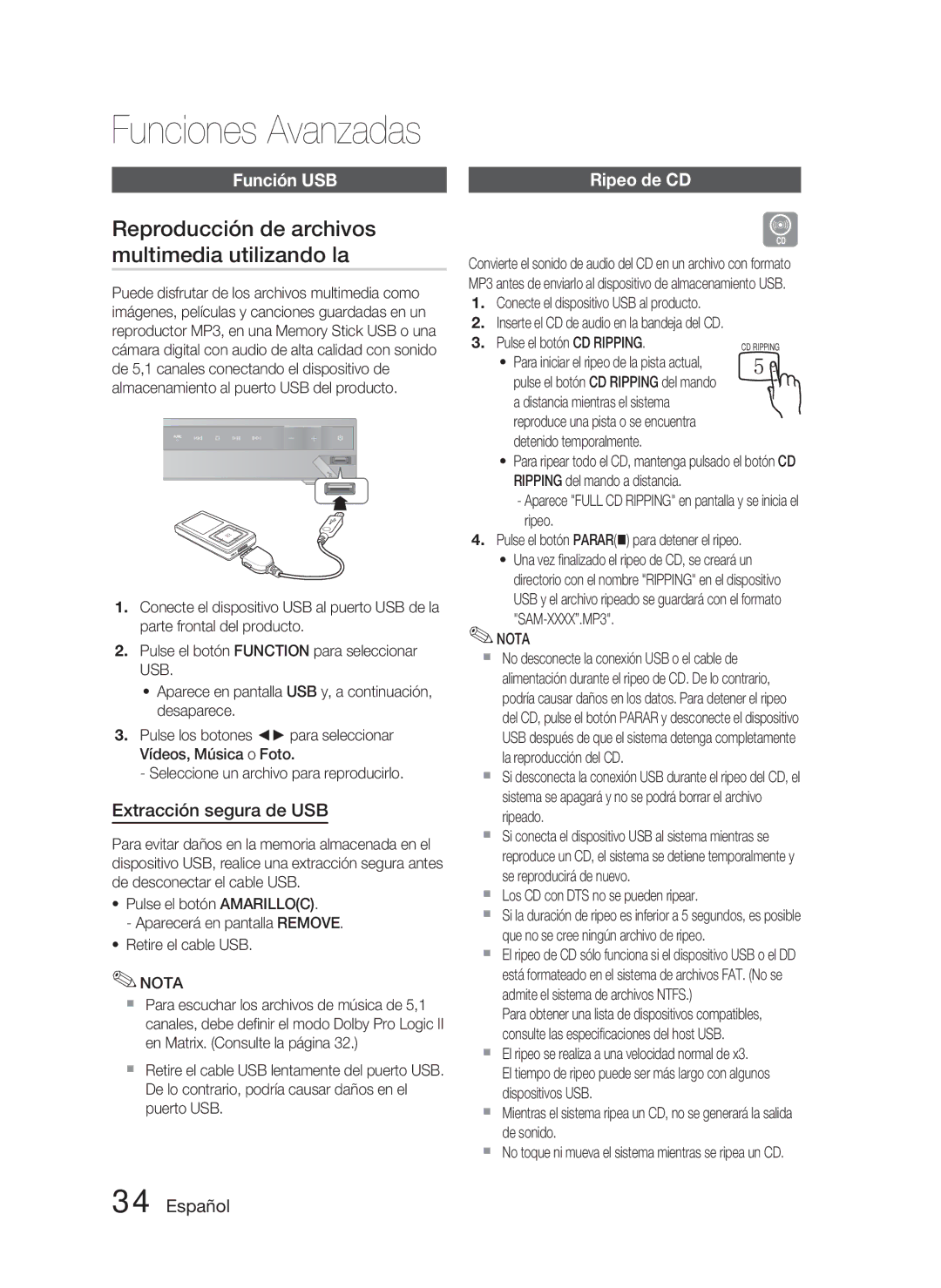 Samsung HT-C350/XEF manual Funciones Avanzadas, Reproducción de archivos multimedia utilizando la, Función USB Ripeo de CD 