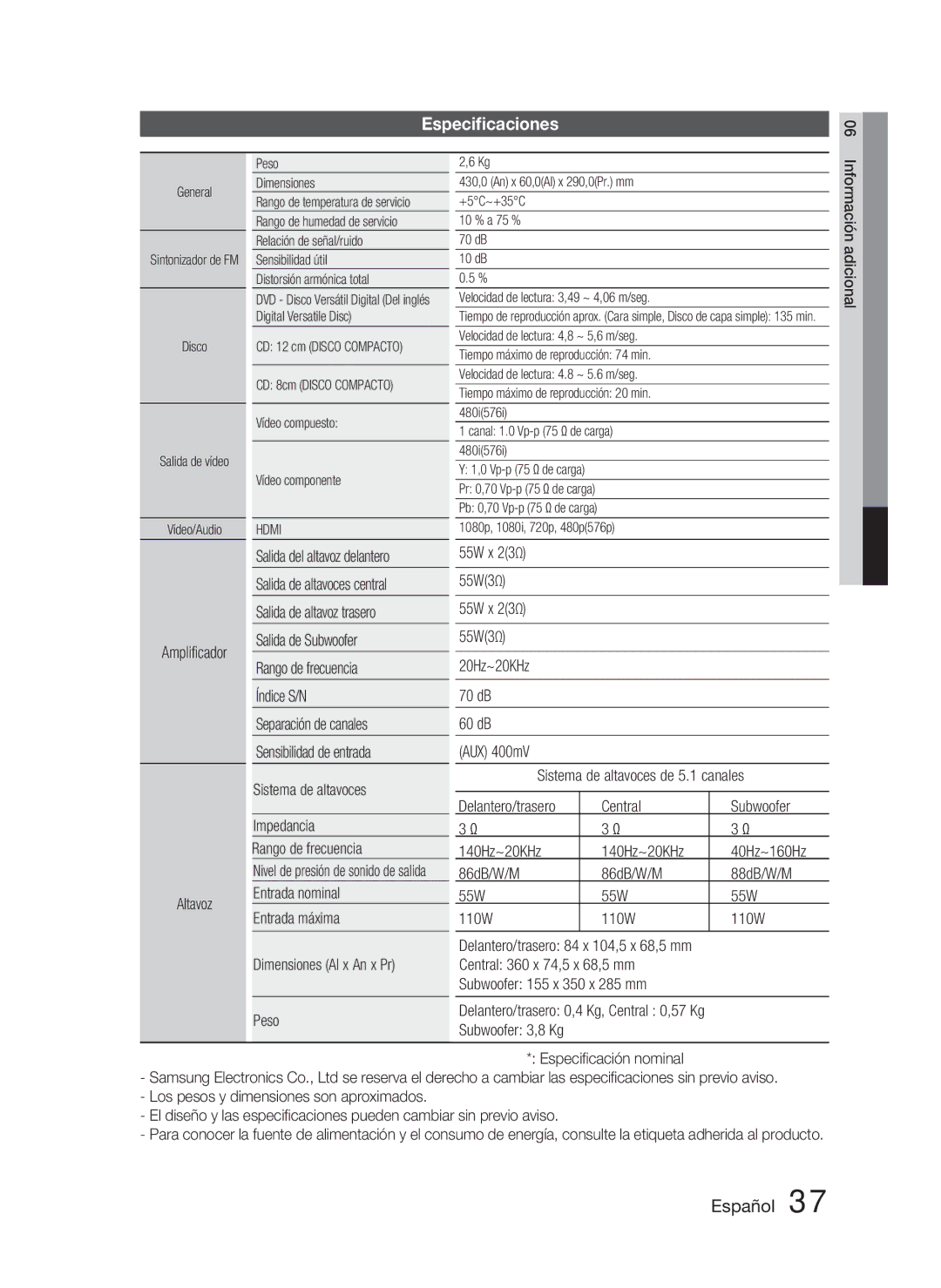 Samsung HT-C350/MEA, HT-C350/XEF manual Especiﬁcaciones, Amplificador Altavoz, 55W x 23Ω 55W3Ω 20Hz~20KHz 70 dB 