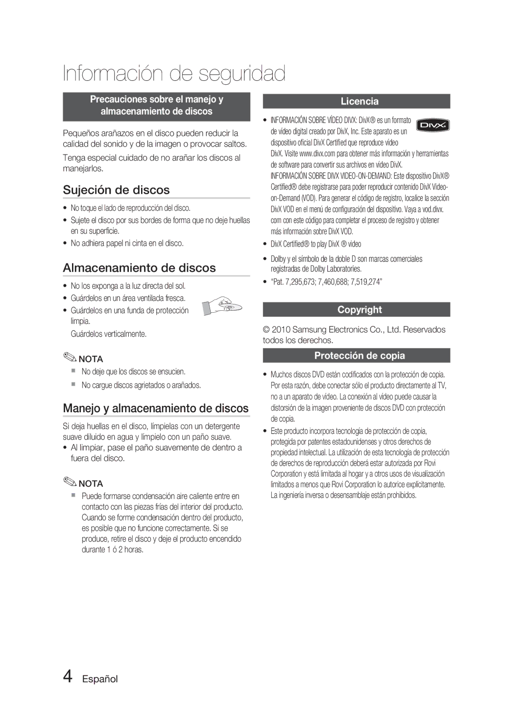 Samsung HT-C350/XEF, HT-C350/MEA manual Sujeción de discos, Almacenamiento de discos, Manejo y almacenamiento de discos 