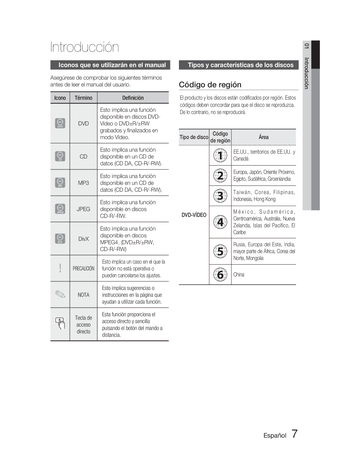 Samsung HT-C350/MEA, HT-C350/XEF Introducción, Código de región, Iconos que se utilizarán en el manual 