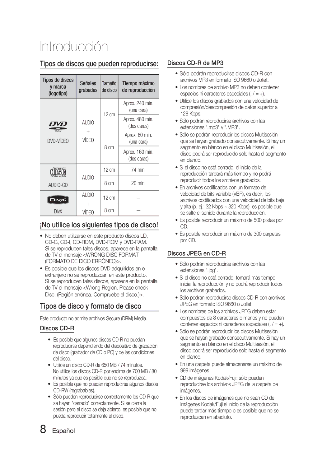 Samsung HT-C350/XEF, HT-C350/MEA manual Tipos de disco y formato de disco, Tipos de discos que pueden reproducirse 