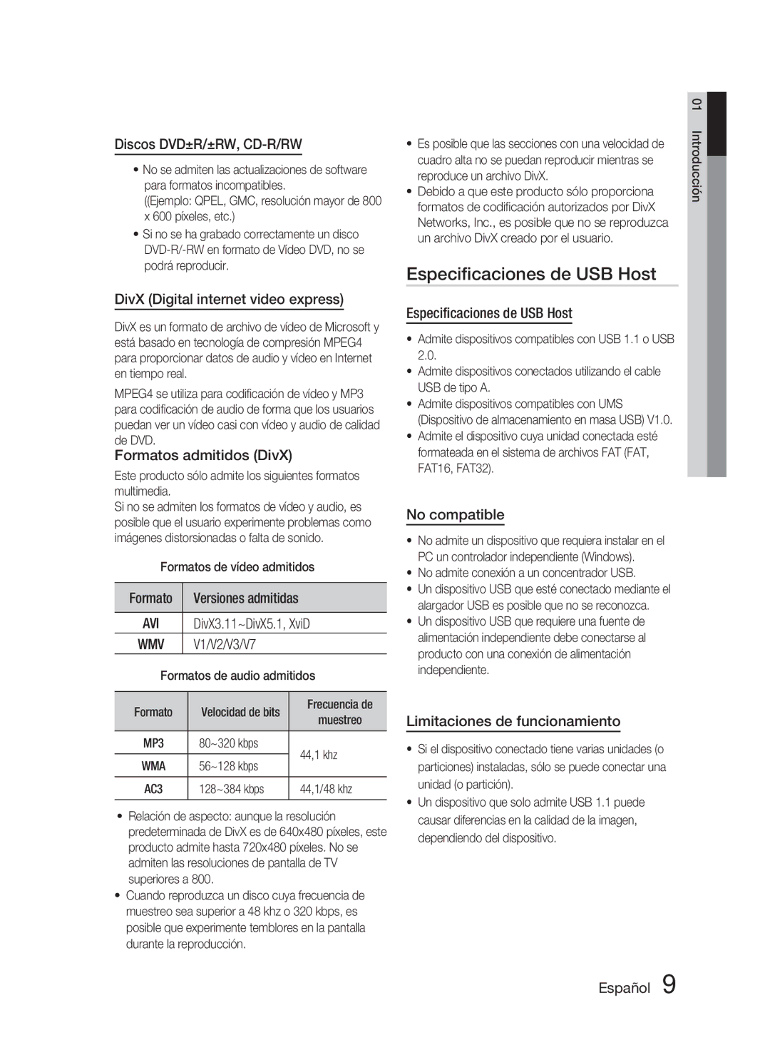 Samsung HT-C350/MEA, HT-C350/XEF manual Especiﬁcaciones de USB Host 