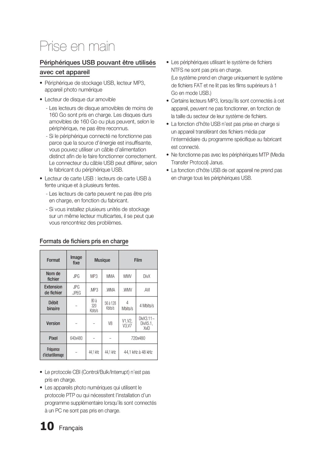 Samsung HT-C350/XEF manual Périphériques USB pouvant être utilisés Avec cet appareil, Formats de ﬁchiers pris en charge 