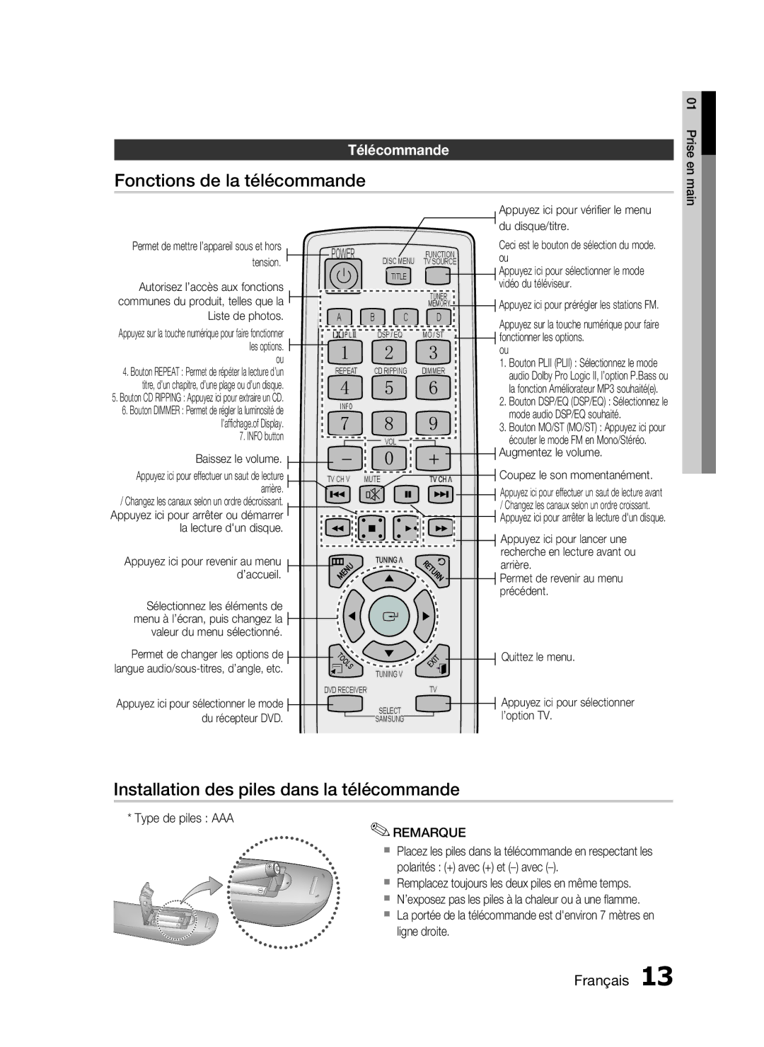 Samsung HT-C350/XEF manual Fonctions de la télécommande, Installation des piles dans la télécommande, Télécommande 