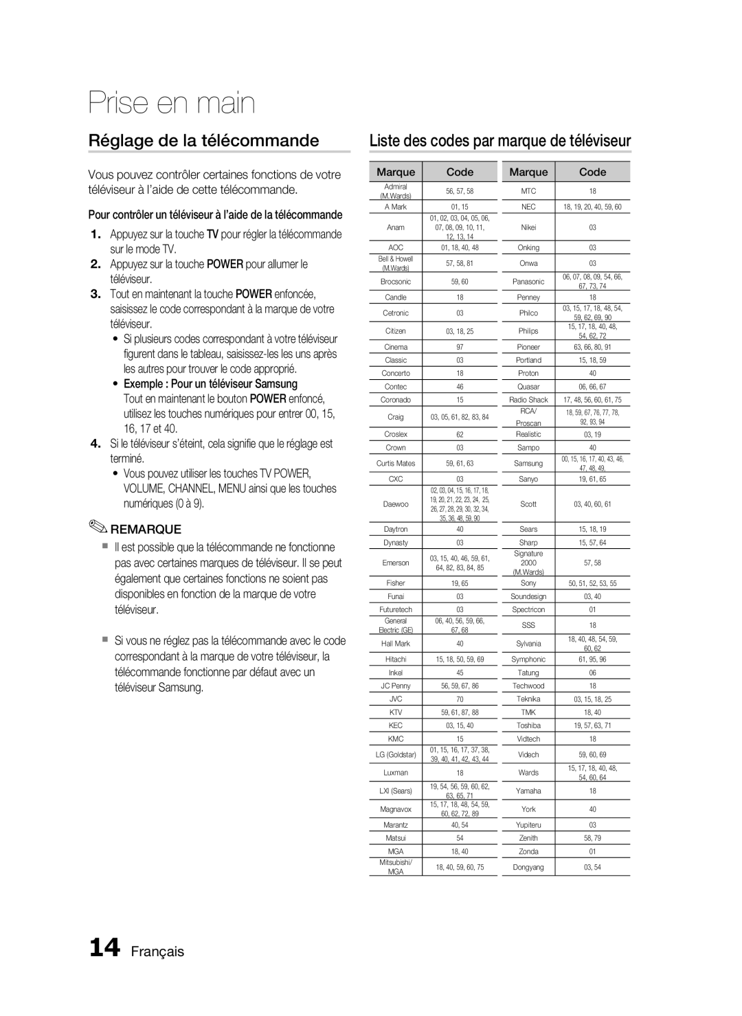 Samsung HT-C350/XEF manual Exemple Pour un téléviseur Samsung, Marque Code 