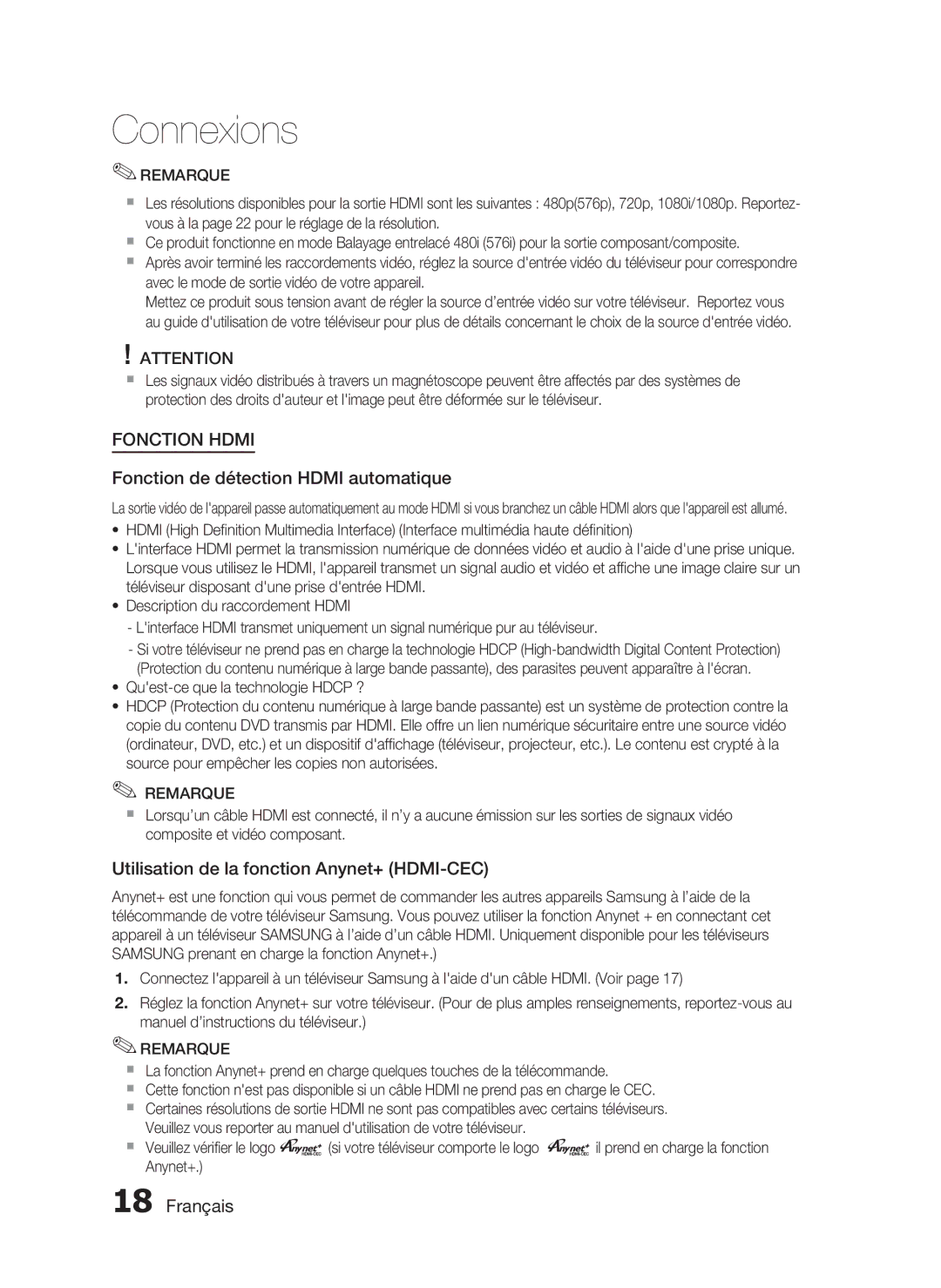 Samsung HT-C350/XEF manual Fonction de détection Hdmi automatique, Utilisation de la fonction Anynet+ HDMI-CEC 
