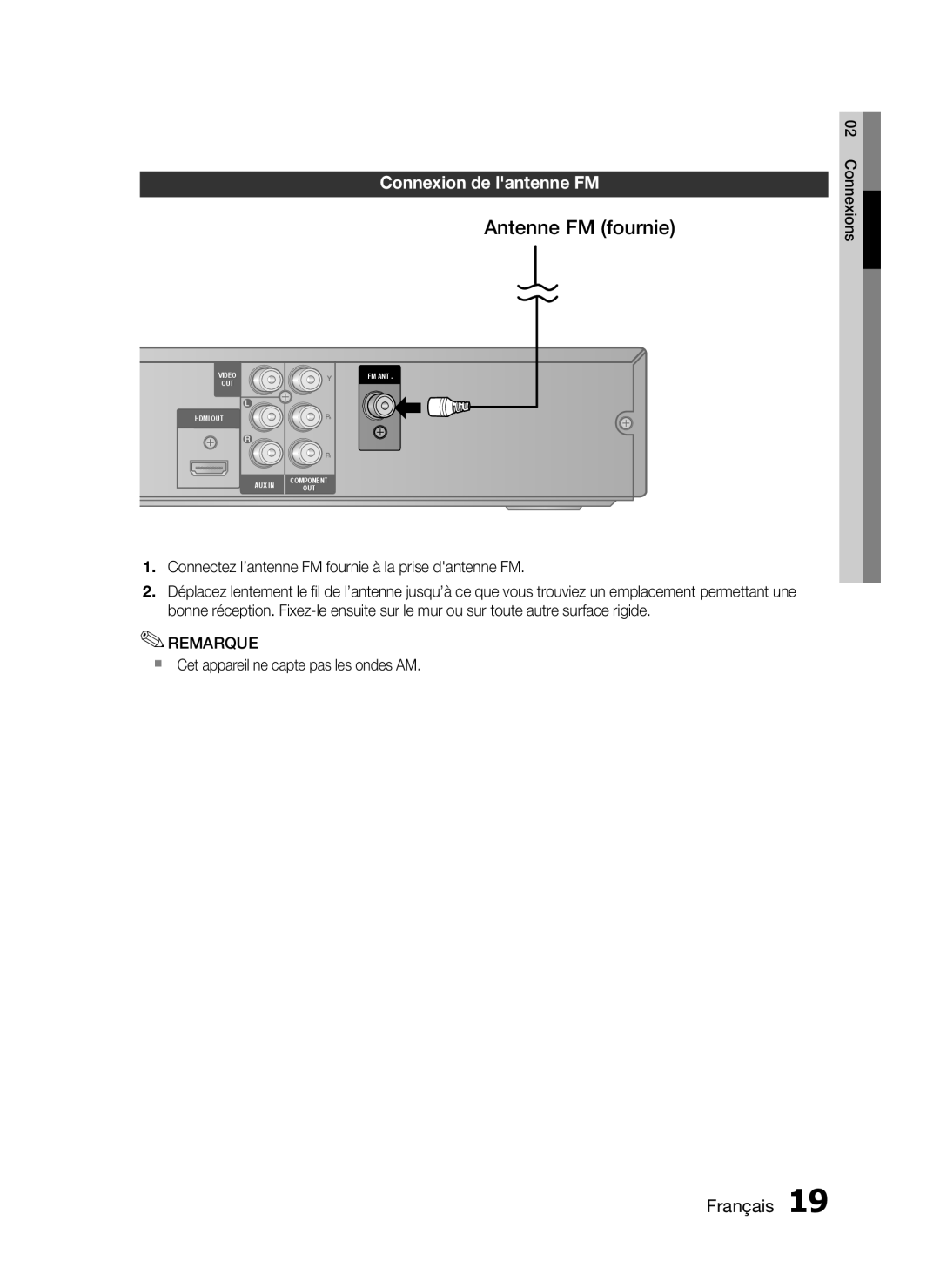 Samsung HT-C350/XEF Antenne FM fournie, Connexion de lantenne FM, Connectez l’antenne FM fournie à la prise dantenne FM 