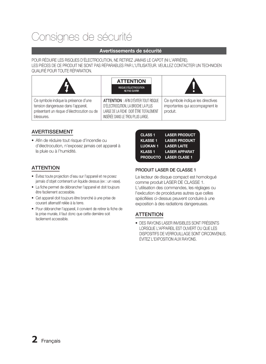 Samsung HT-C350/XEF manual Consignes de sécurité, Avertissements de sécurité, Français, Produit Laser DE Classe 