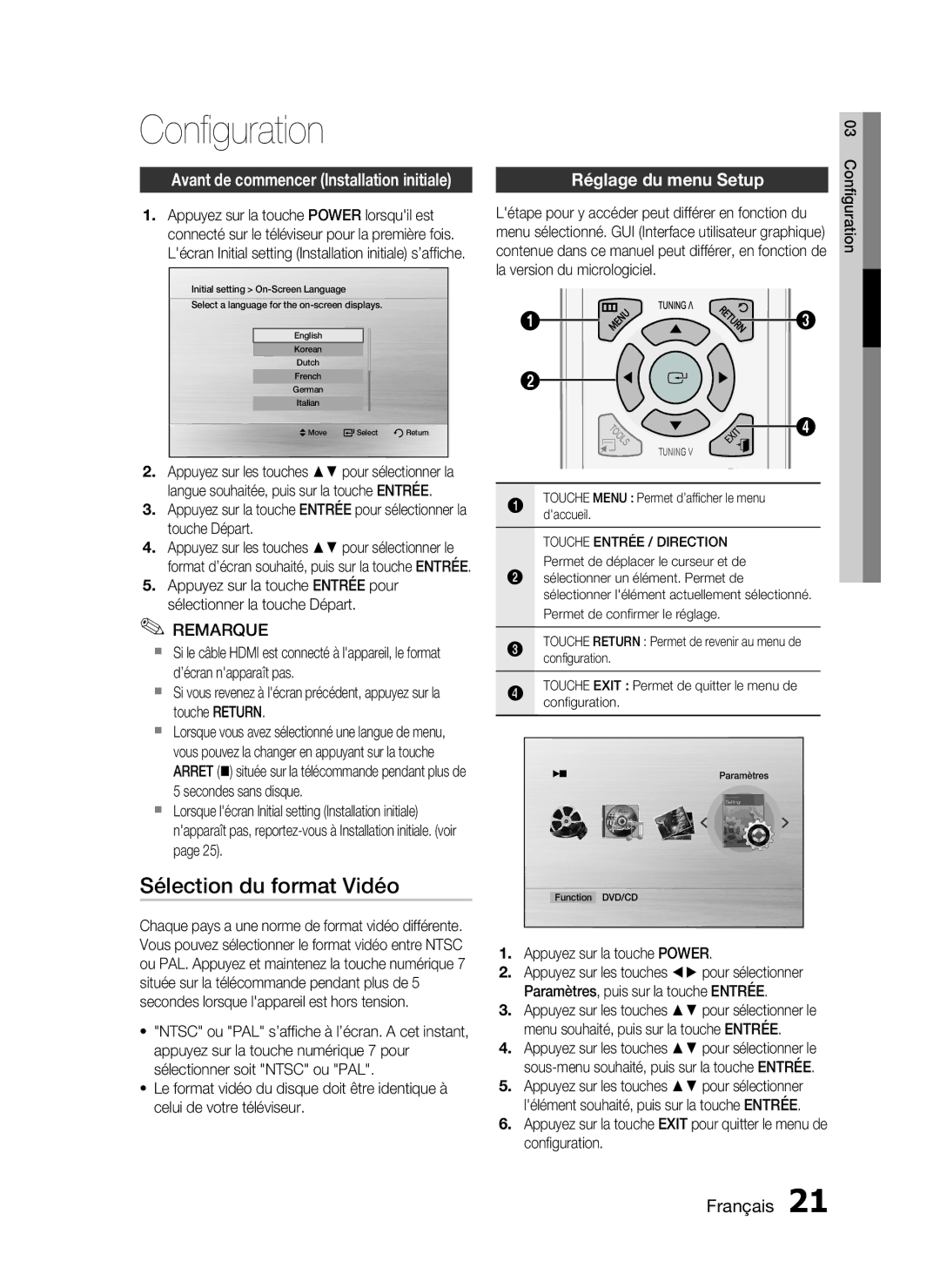 Samsung HT-C350/XEF manual Conﬁguration, Sélection du format Vidéo, Réglage du menu Setup, La version du micrologiciel 