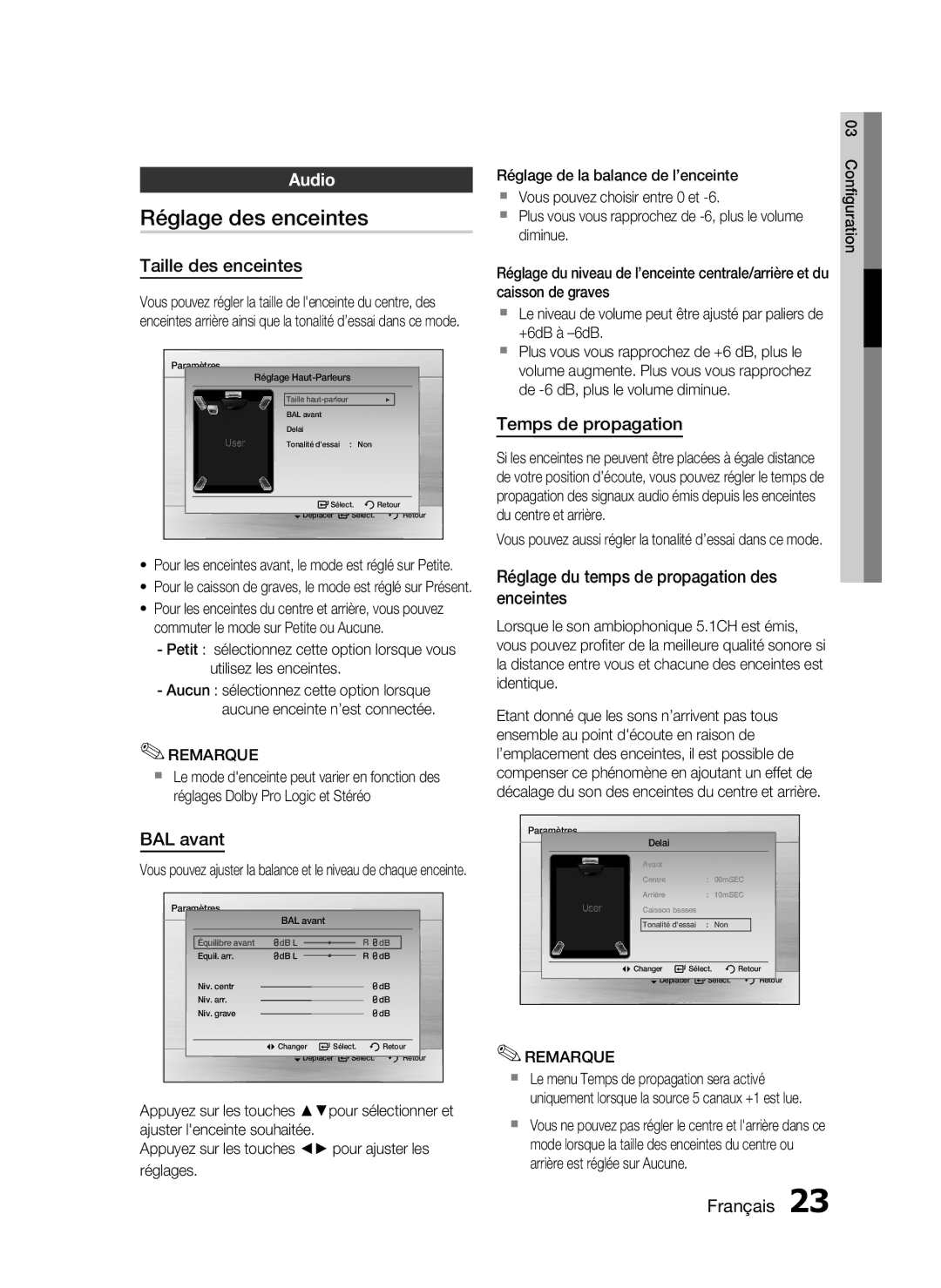 Samsung HT-C350/XEF manual Réglage des enceintes, Audio 