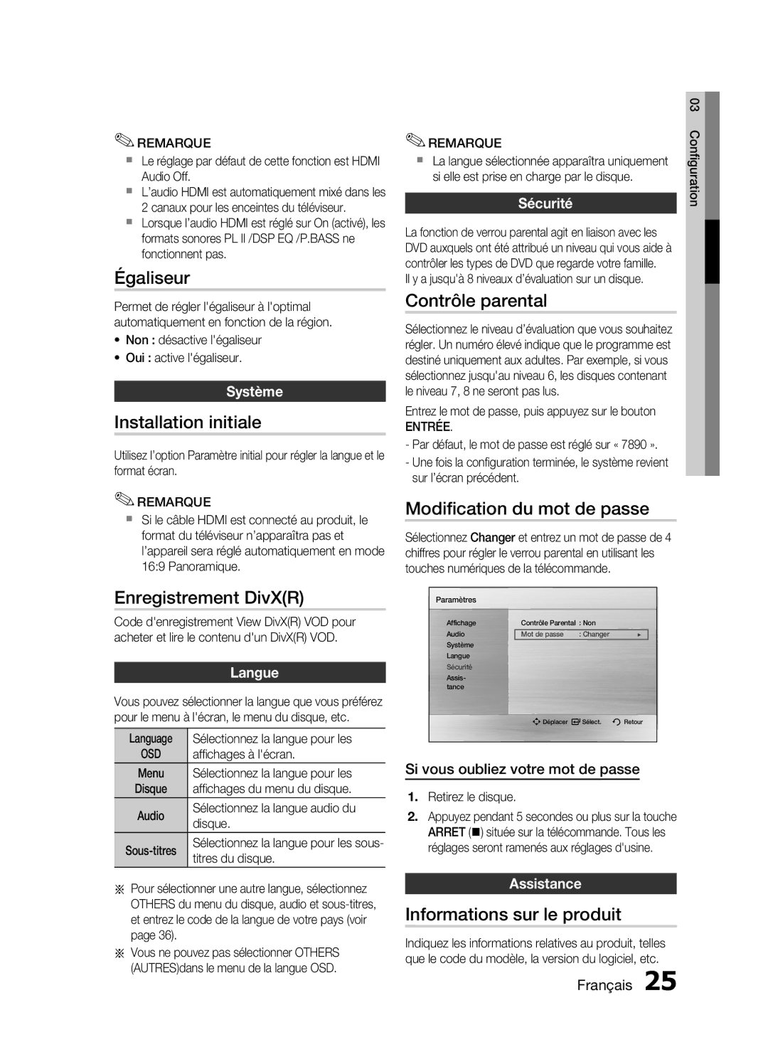 Samsung HT-C350/XEF Égaliseur, Installation initiale, Enregistrement DivXR, Contrôle parental, Modiﬁcation du mot de passe 