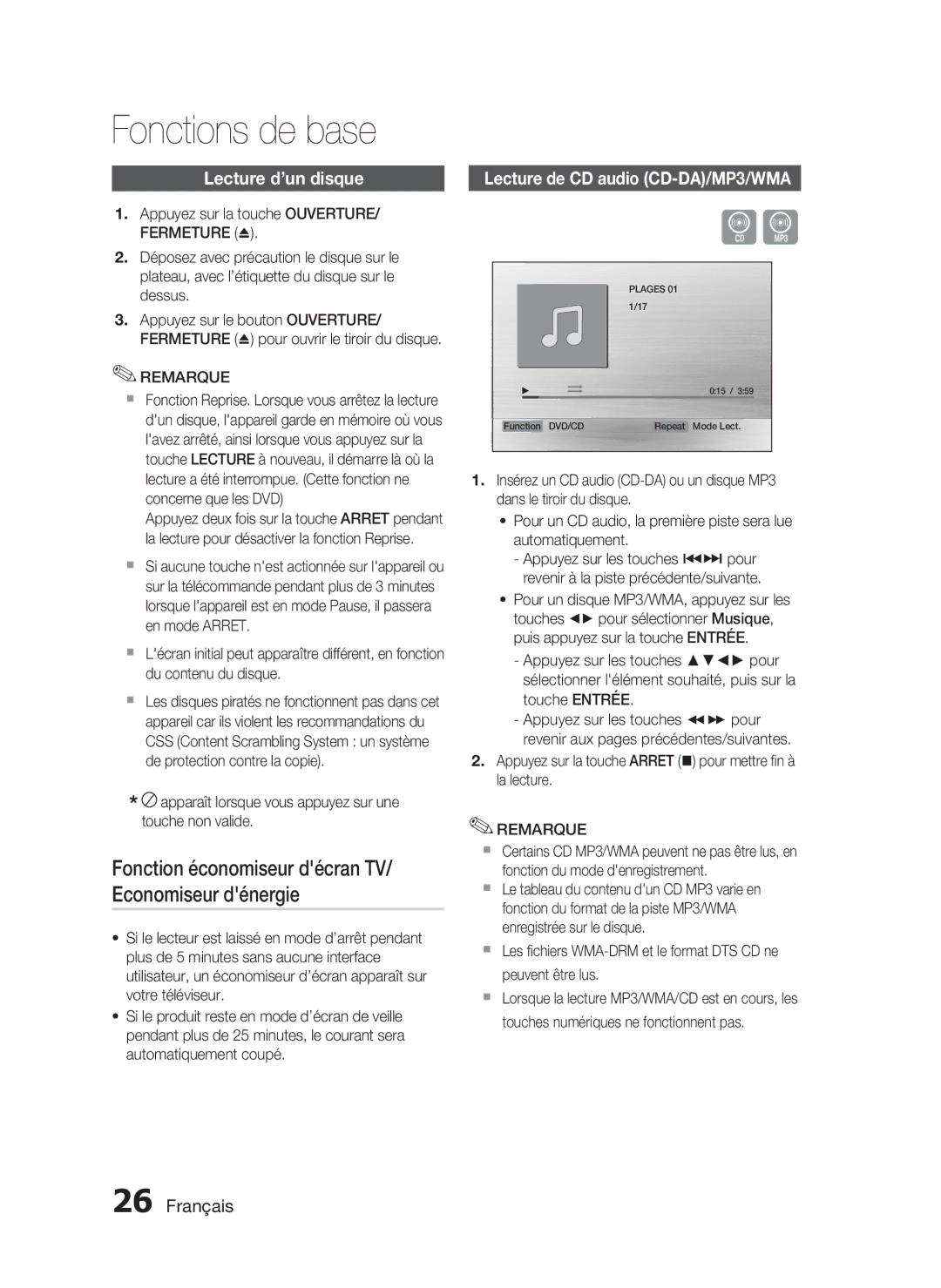 Samsung HT-C350/XEF manual Fonctions de base, Lecture d’un disque, Lecture de CD audio CD-DA/MP3/WMA 