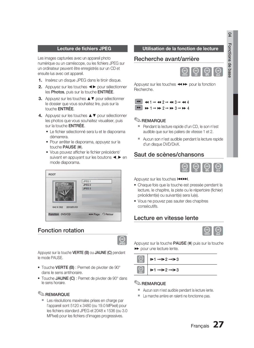 Samsung HT-C350/XEF manual Fonction rotation, Recherche avant/arrière, Saut de scènes/chansons, Lecture en vitesse lente 