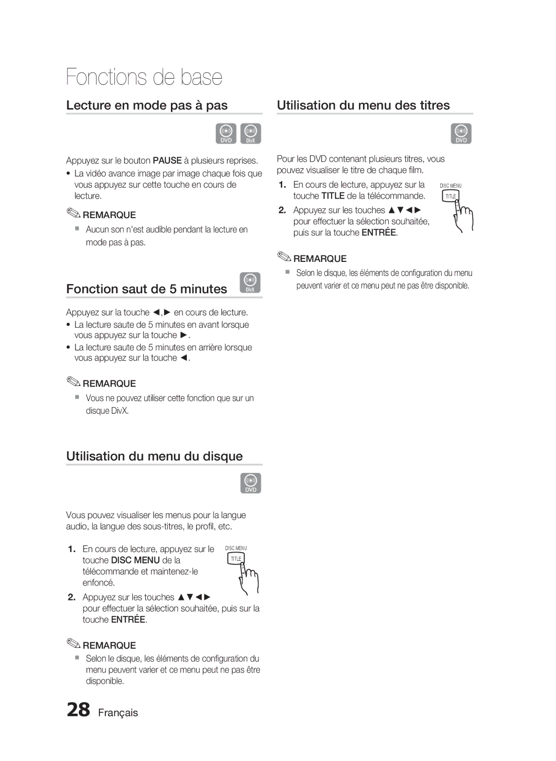 Samsung HT-C350/XEF manual Lecture en mode pas à pas, Fonction saut de 5 minutes D, Utilisation du menu des titres 