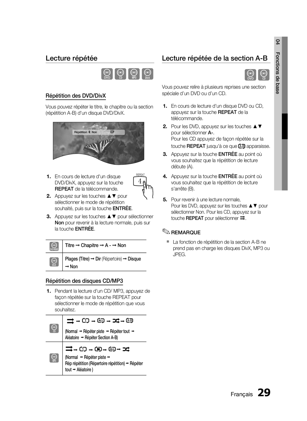 Samsung HT-C350/XEF manual Lecture répétée de la section A-B, Répétition des DVD/DivX, Répétition des disques CD/MP3 