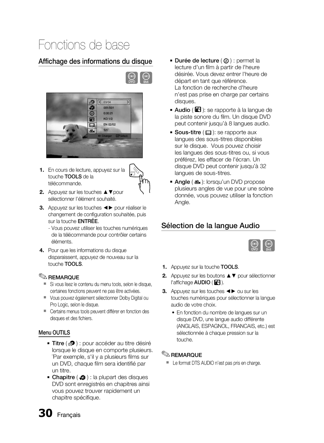 Samsung HT-C350/XEF manual Afﬁchage des informations du disque, Sélection de la langue Audio, Menu Outils 