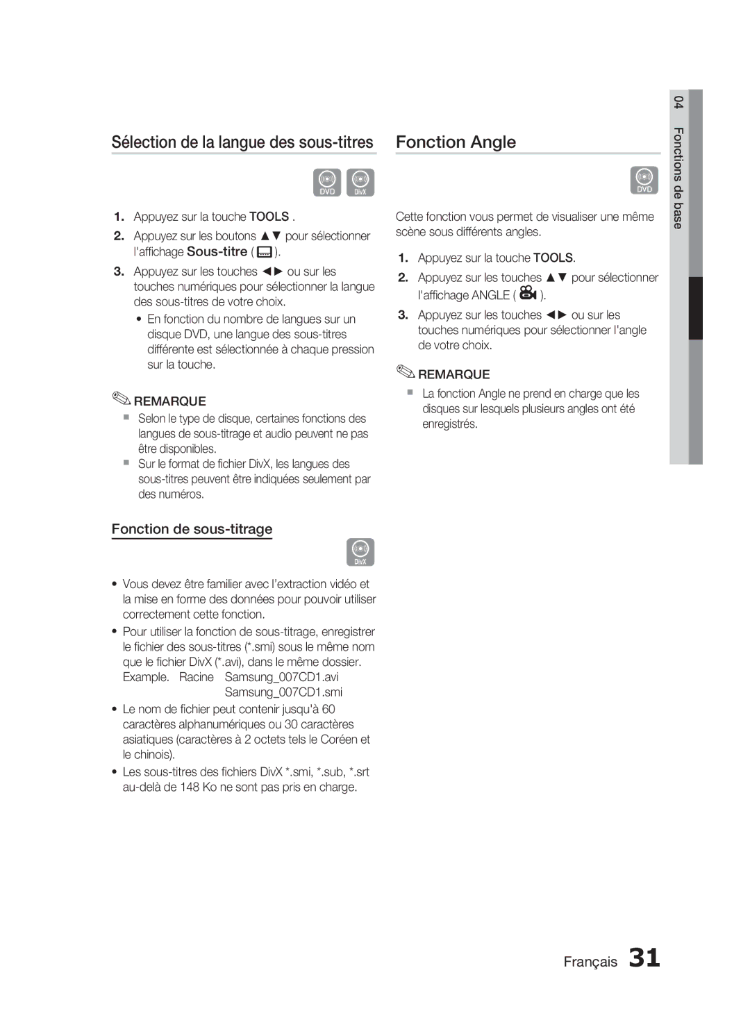 Samsung HT-C350/XEF manual Fonction Angle, Fonction de sous-titrage, Appuyez sur la touche Tools 