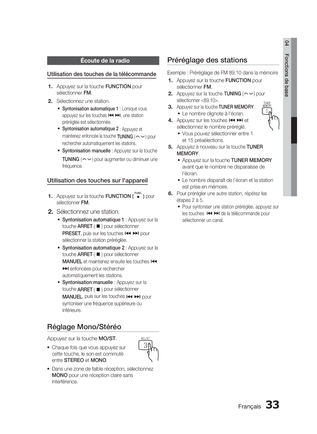 Samsung HT-C350/XEF manual Réglage Mono/Stéréo, Préréglage des stations, Sélectionnez une station, Écoute de la radio 