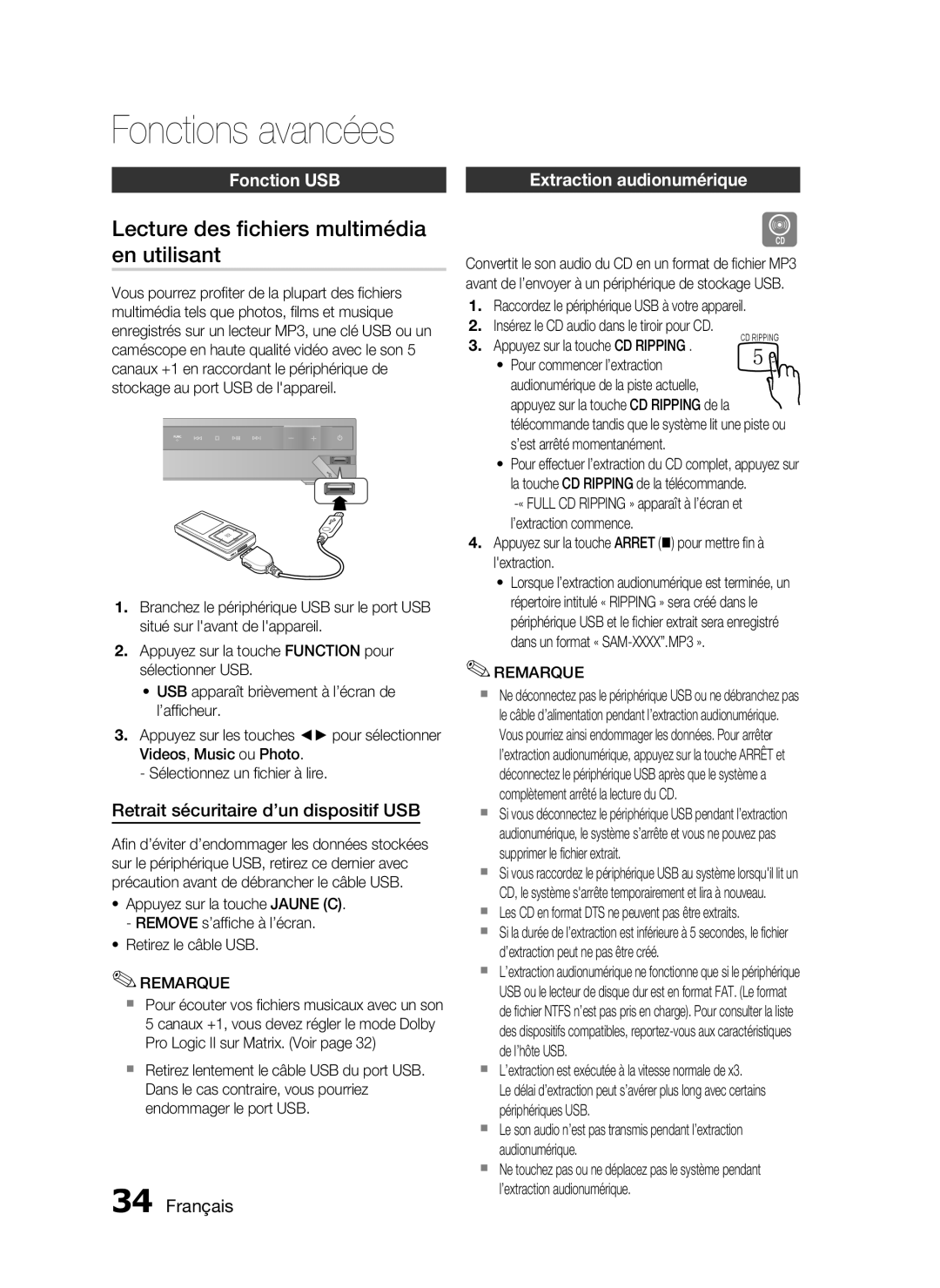 Samsung HT-C350/XEF Lecture des ﬁchiers multimédia en utilisant, Fonction USB, Retrait sécuritaire d’un dispositif USB 