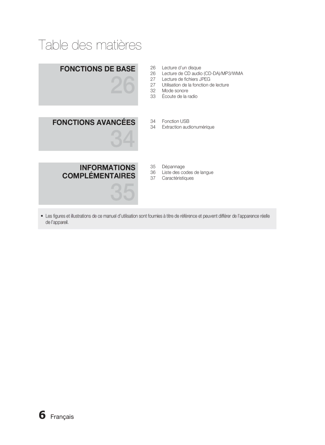 Samsung HT-C350/XEF manual Lecture d’un disque, Lecture de ﬁchiers Jpeg, Utilisation de la fonction de lecture, Mode sonore 