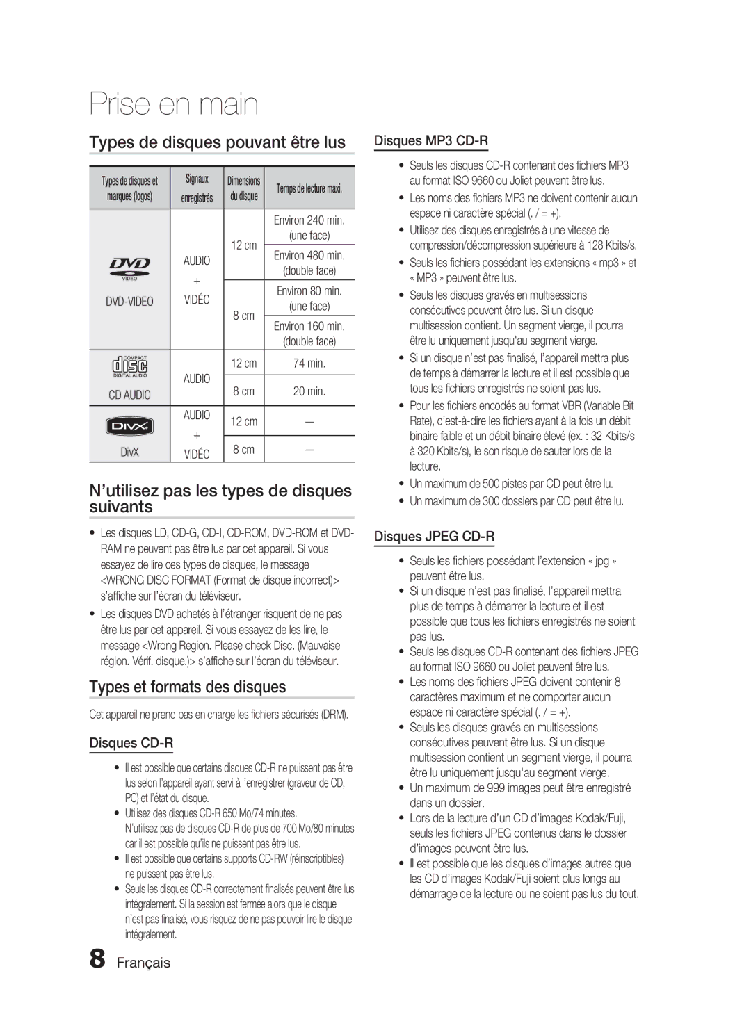 Samsung HT-C350/XEF manual Types de disques pouvant être lus, ’utilisez pas les types de disques suivants 