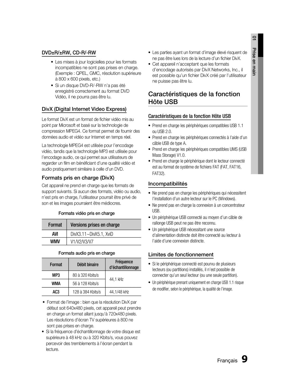 Samsung HT-C350/XEF manual Caractéristiques de la fonction Hôte USB 