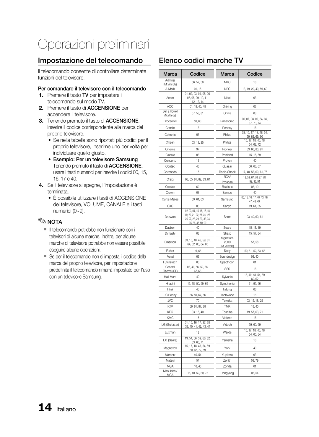 Samsung HT-C350/XEF manual Impostazione del telecomando Elenco codici marche TV 