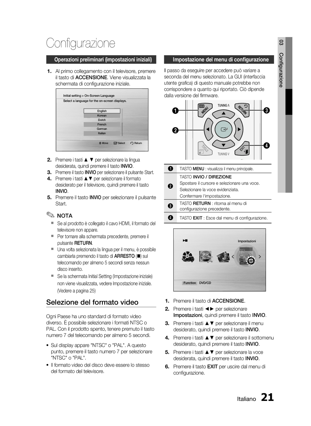 Samsung HT-C350/XEF manual Conﬁgurazione, Selezione del formato video, Invio 