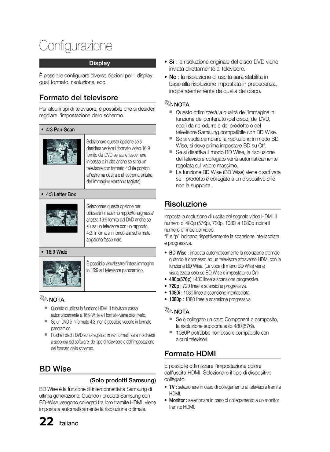 Samsung HT-C350/XEF manual Formato del televisore, BD Wise, Risoluzione, Formato Hdmi, Display 