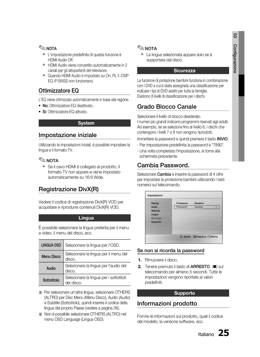 Samsung HT-C350/XEF Ottimizzatore EQ, Impostazione iniziale, Registrazione DivXR, Grado Blocco Canale, Cambia Password 