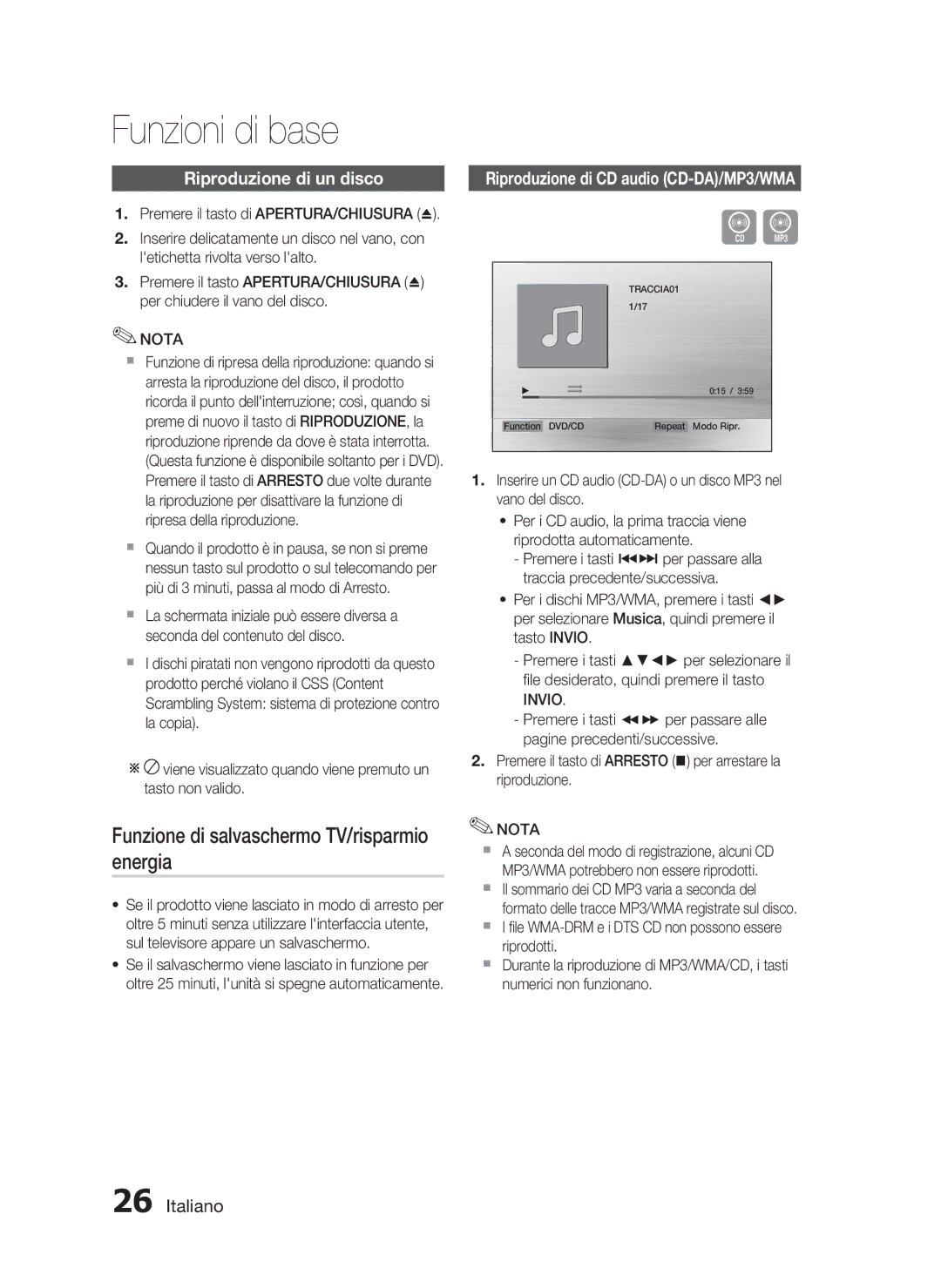 Samsung HT-C350/XEF manual Funzioni di base, Funzione di salvaschermo TV/risparmio energia, Riproduzione di un disco 