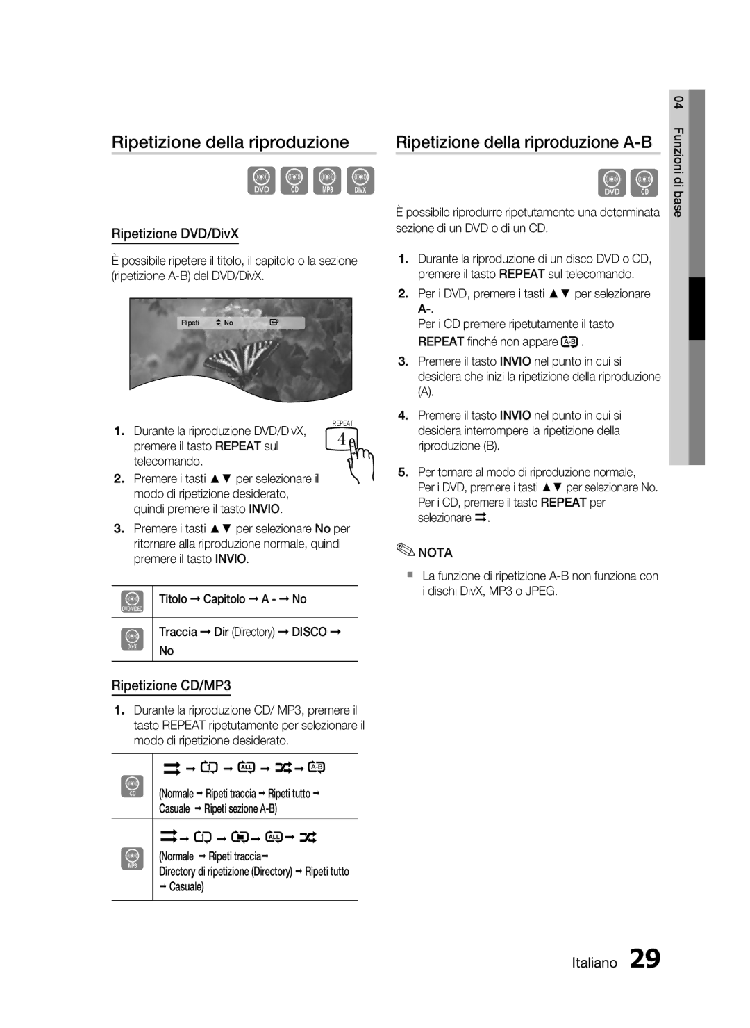 Samsung HT-C350/XEF manual Ripetizione della riproduzione A-B, Ripetizione DVD/DivX, Ripetizione CD/MP3 