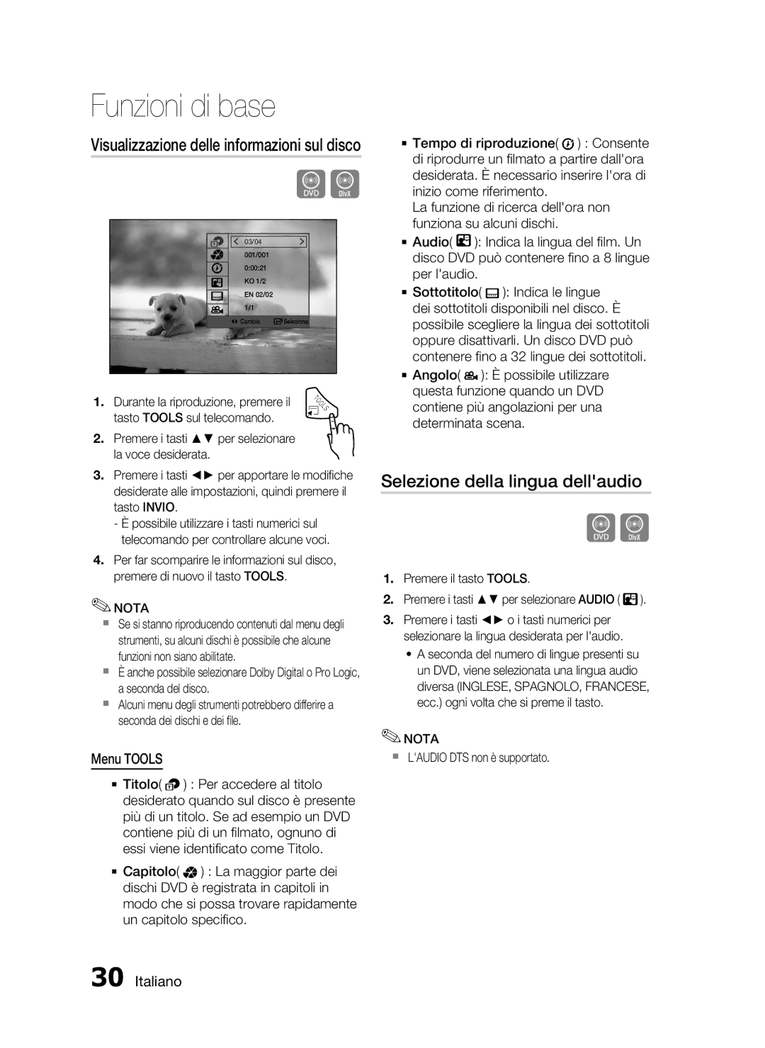 Samsung HT-C350/XEF manual Selezione della lingua dellaudio, Visualizzazione delle informazioni sul disco, Menu Tools 