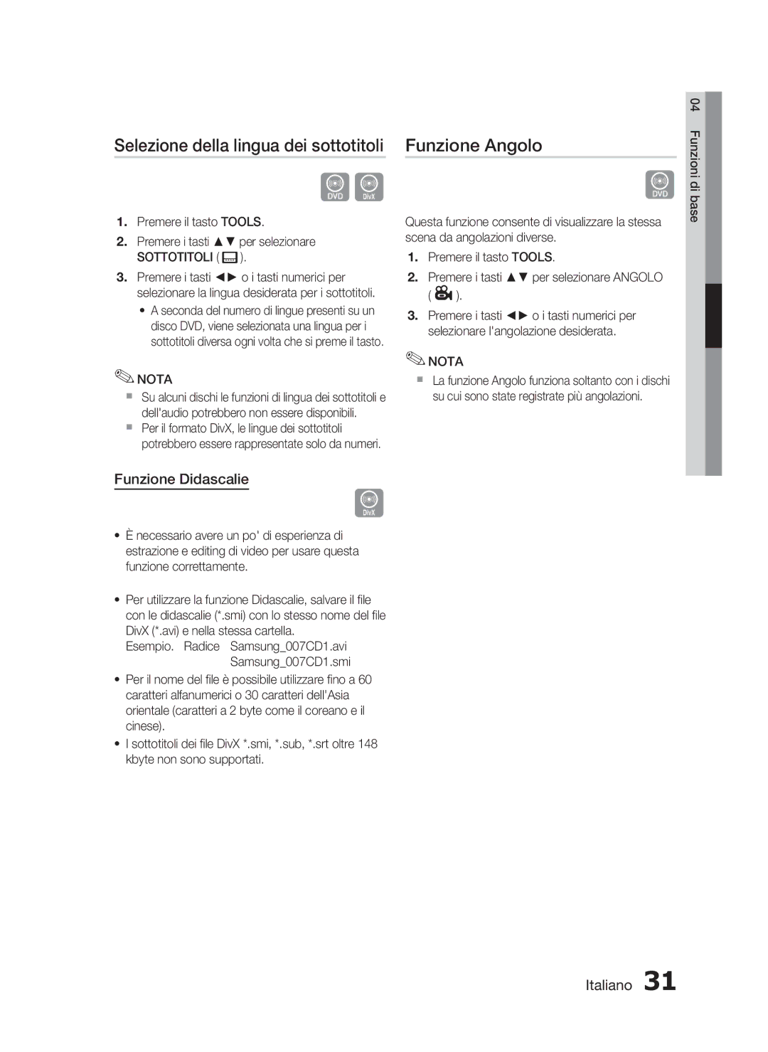 Samsung HT-C350/XEF manual Selezione della lingua dei sottotitoli, Funzione Angolo, Funzione Didascalie, Sottotitoli 