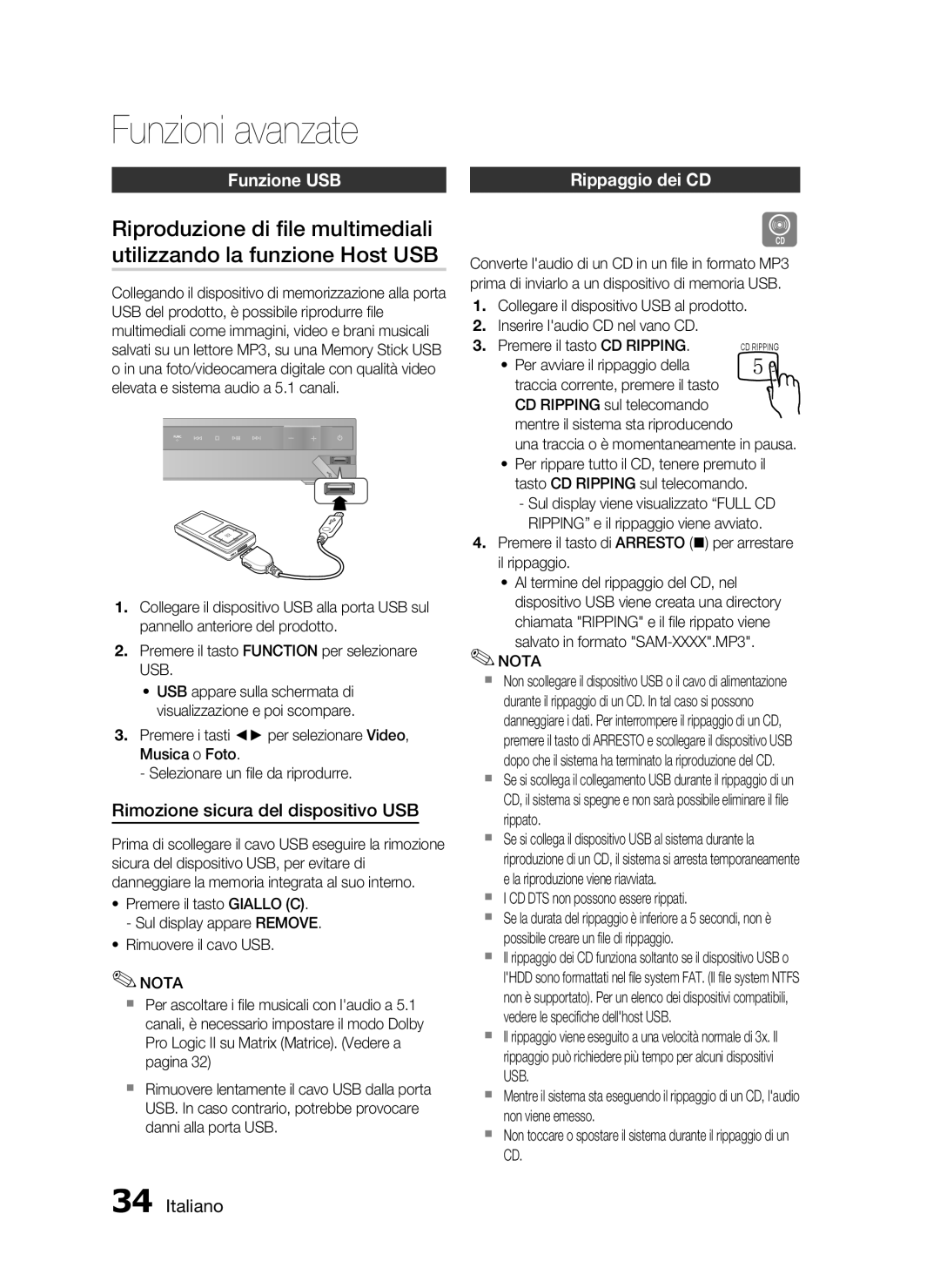 Samsung HT-C350/XEF manual Funzioni avanzate, Funzione USB Rippaggio dei CD, Rimozione sicura del dispositivo USB 