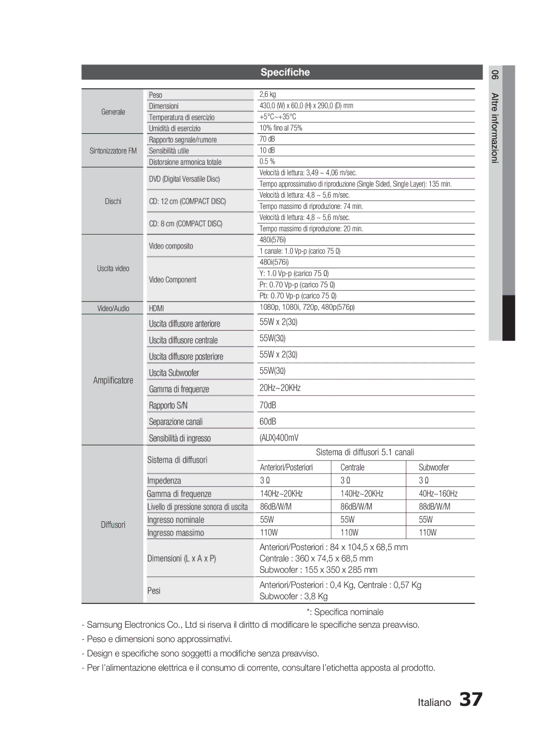 Samsung HT-C350/XEF manual Speciﬁche 