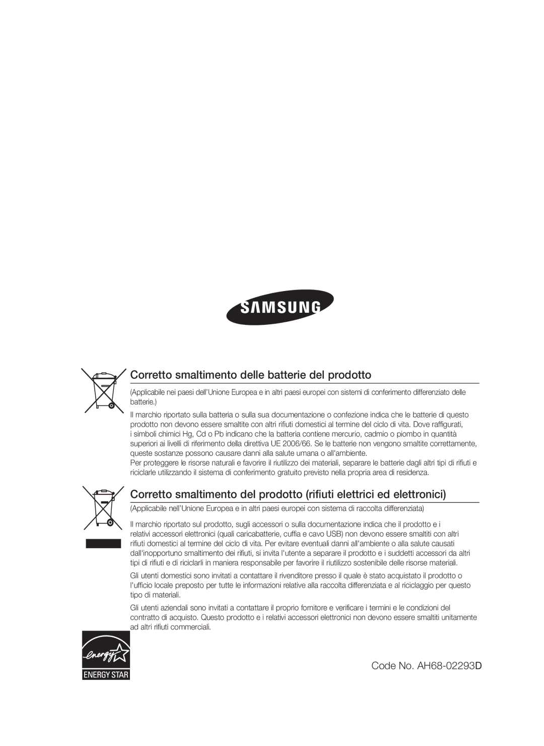 Samsung HT-C350/XEF manual Corretto smaltimento delle batterie del prodotto, Code No. AH68-02293D 