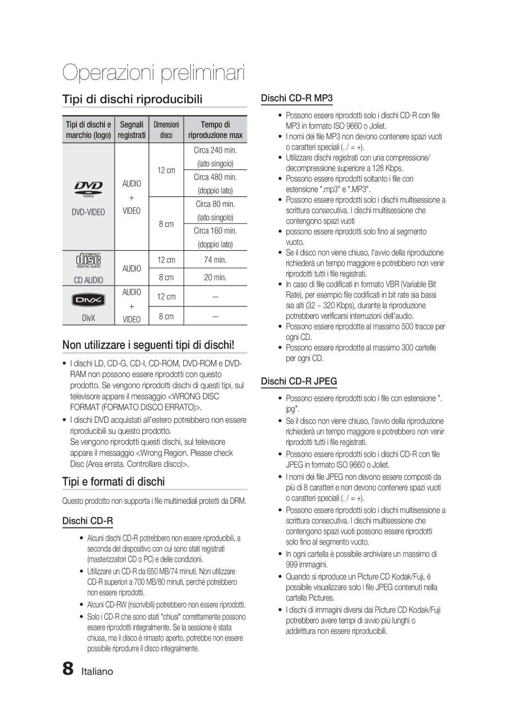 Samsung HT-C350/XEF manual Tipi di dischi riproducibili, Non utilizzare i seguenti tipi di dischi, Tipi e formati di dischi 