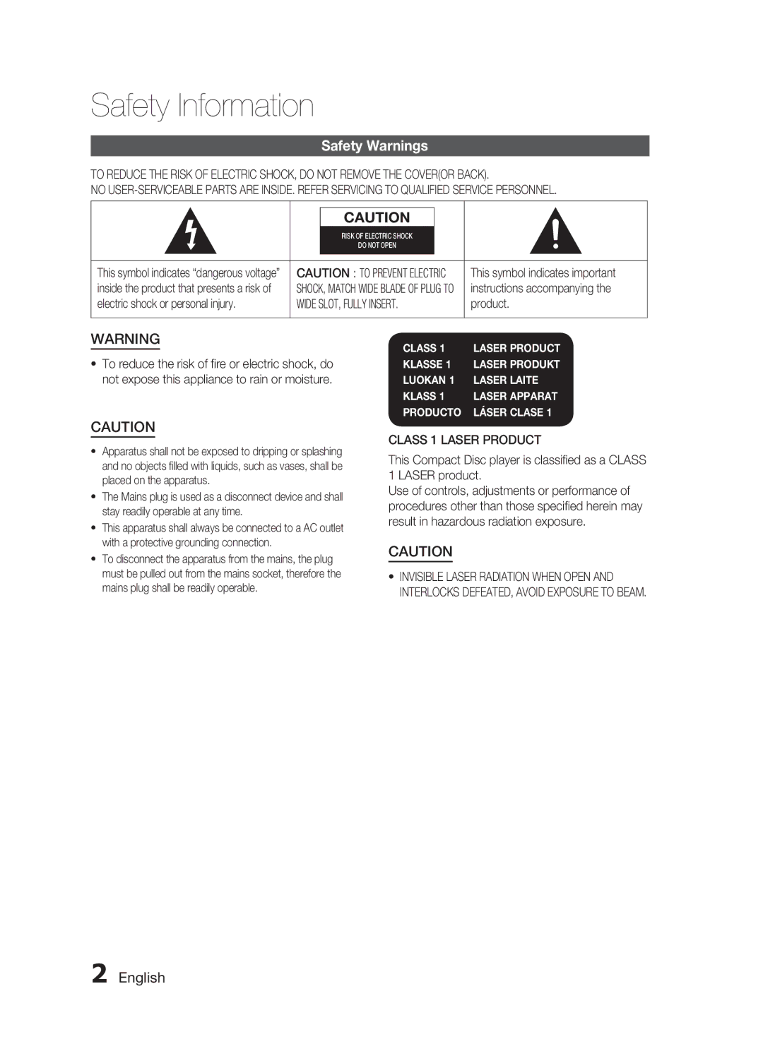 Samsung HT-C350/XER manual Safety Information, Safety Warnings, English, Wide SLOT, Fully Insert, Class 1 Laser Product 