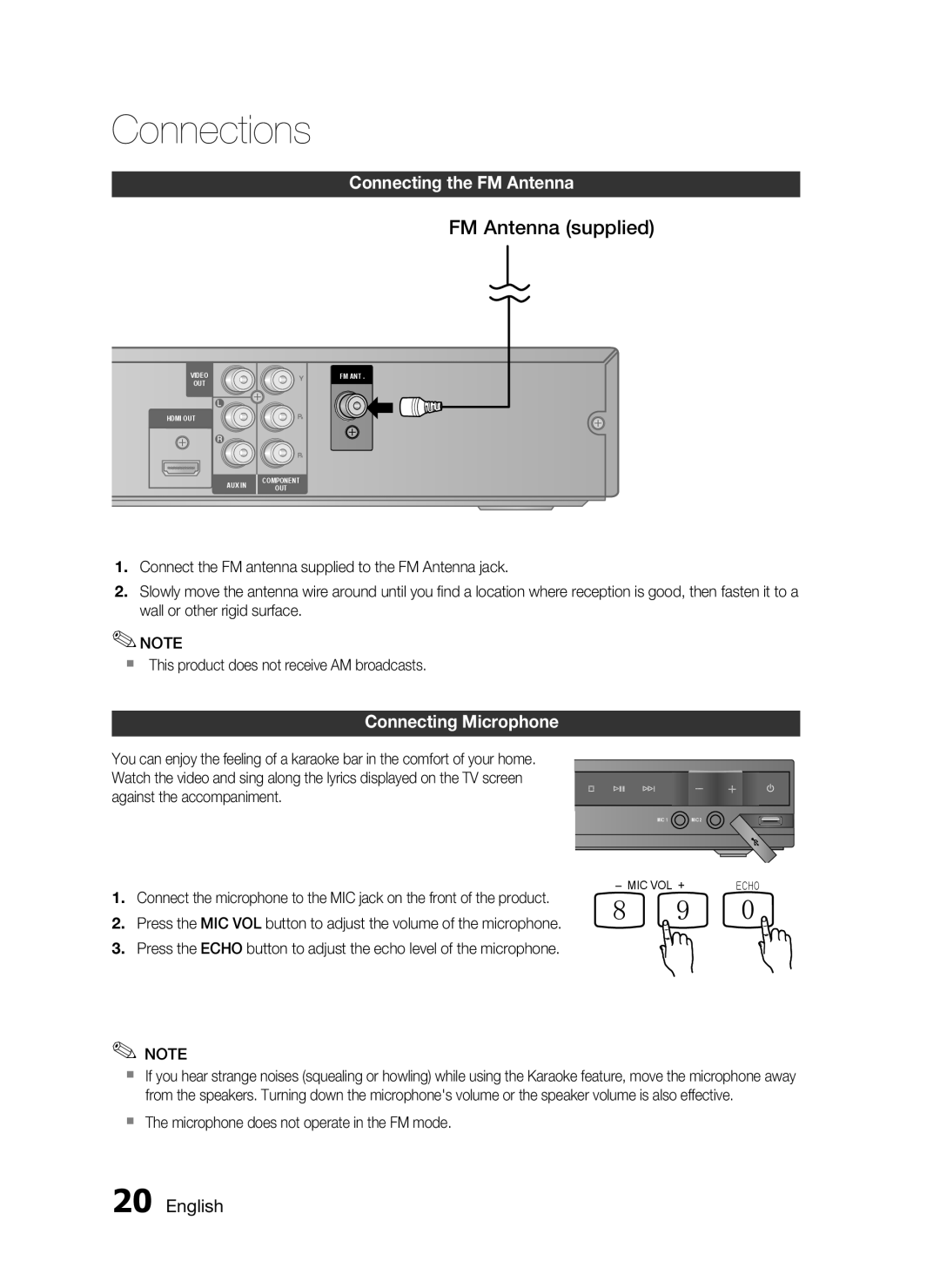 Samsung HT-C350/XER manual FM Antenna supplied, Connecting the FM Antenna, Connecting Microphone 