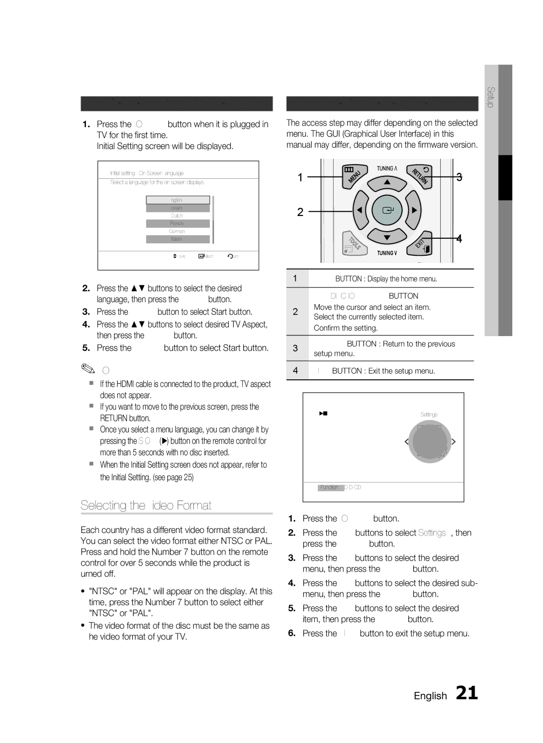 Samsung HT-C350/XER manual Selecting the Video Format, Before Starting Initial Setting, Setting the Setup menu 