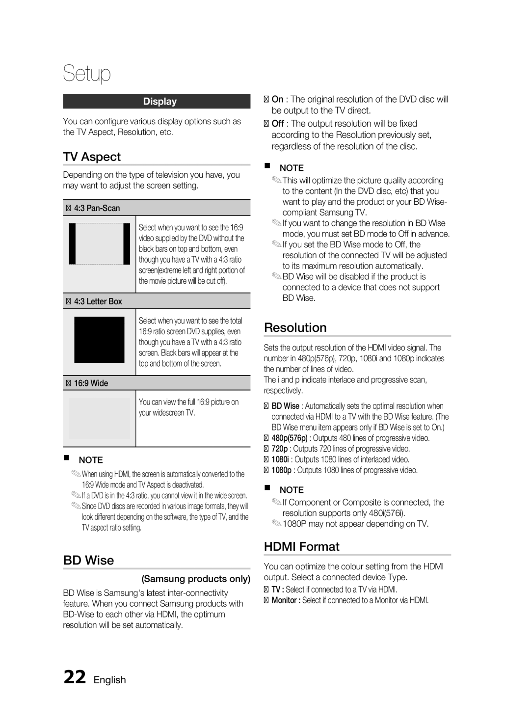 Samsung HT-C350/XER manual TV Aspect, Resolution, BD Wise, Hdmi Format, Display 