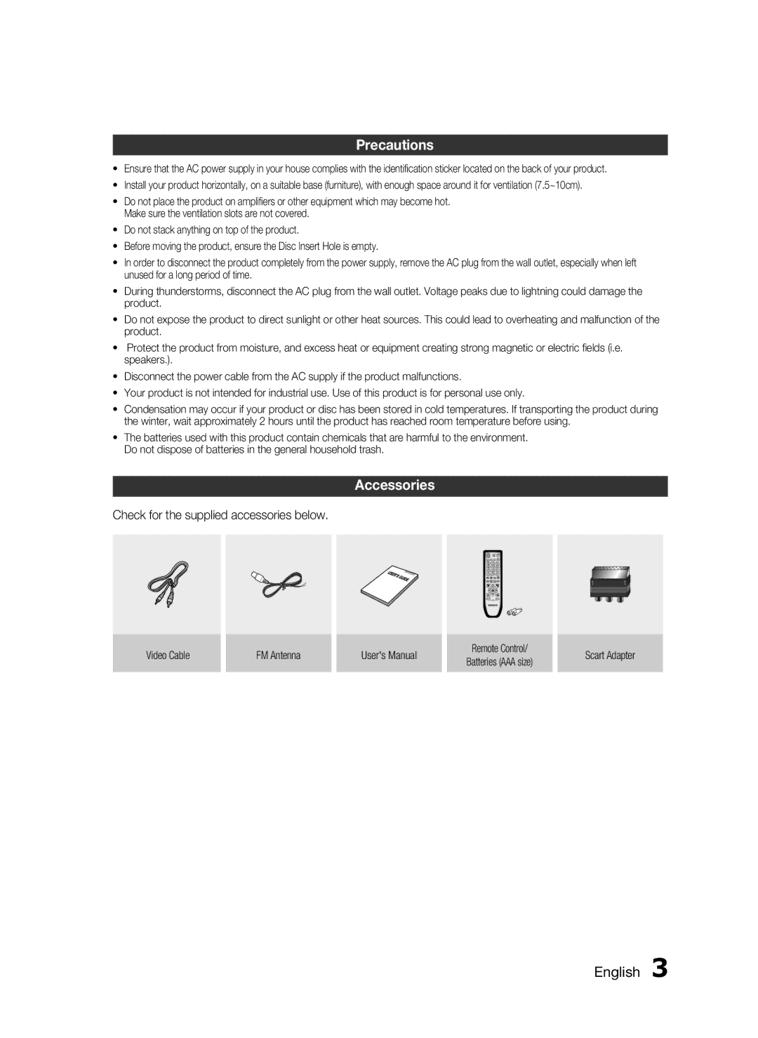 Samsung HT-C350/XER manual Precautions, Accessories, Check for the supplied accessories below 