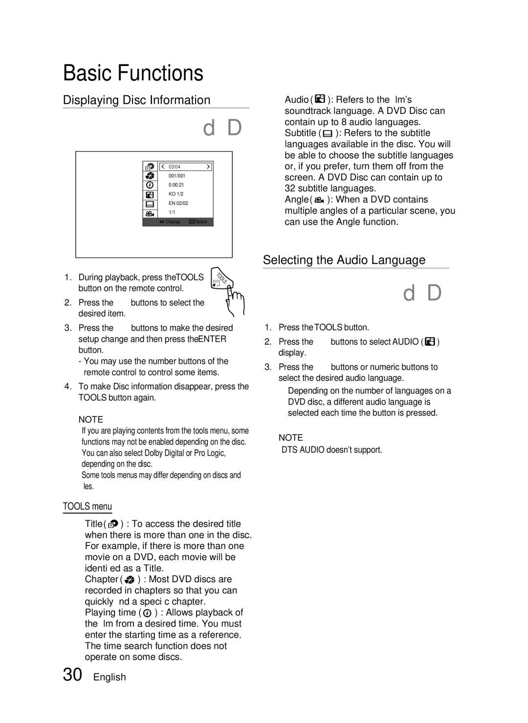 Samsung HT-C350/XER Displaying Disc Information, Selecting the Audio Language, Tools menu,  DTS Audio doesnt support 