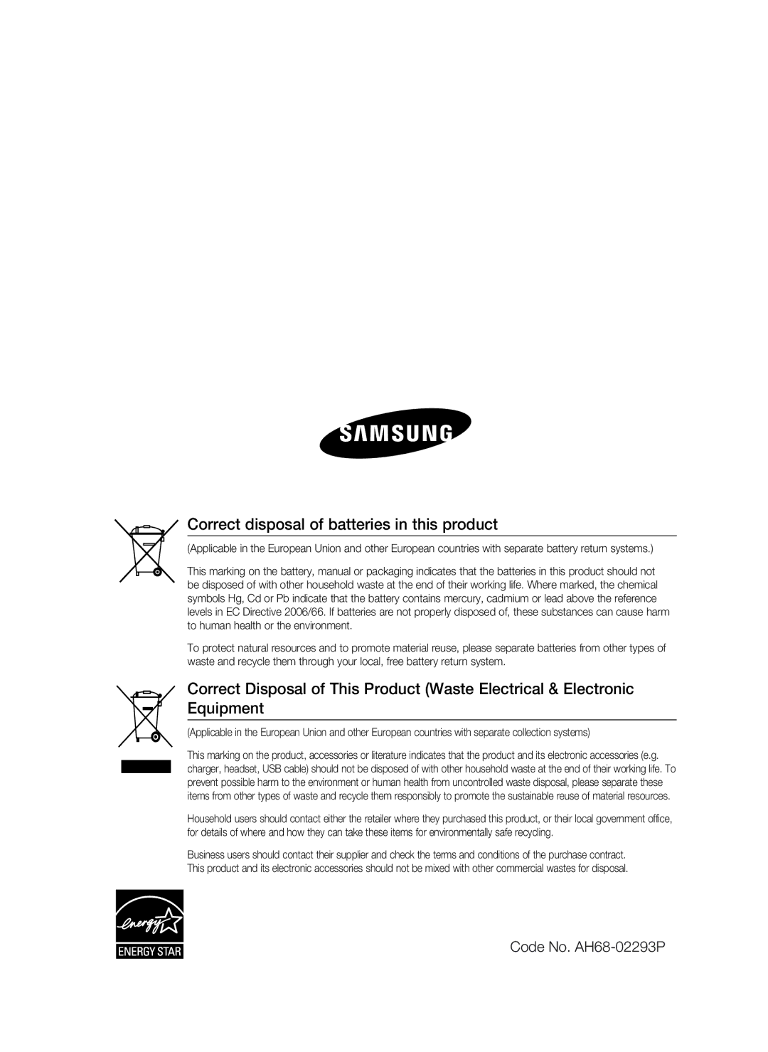 Samsung HT-C350/XER manual Correct disposal of batteries in this product 