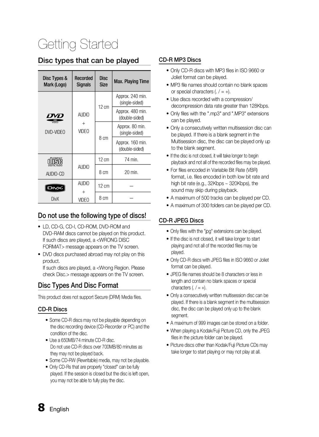 Samsung HT-C350/XER Disc types that can be played, Disc Types And Disc Format, CD-R Discs, CD-R MP3 Discs, CD-R Jpeg Discs 