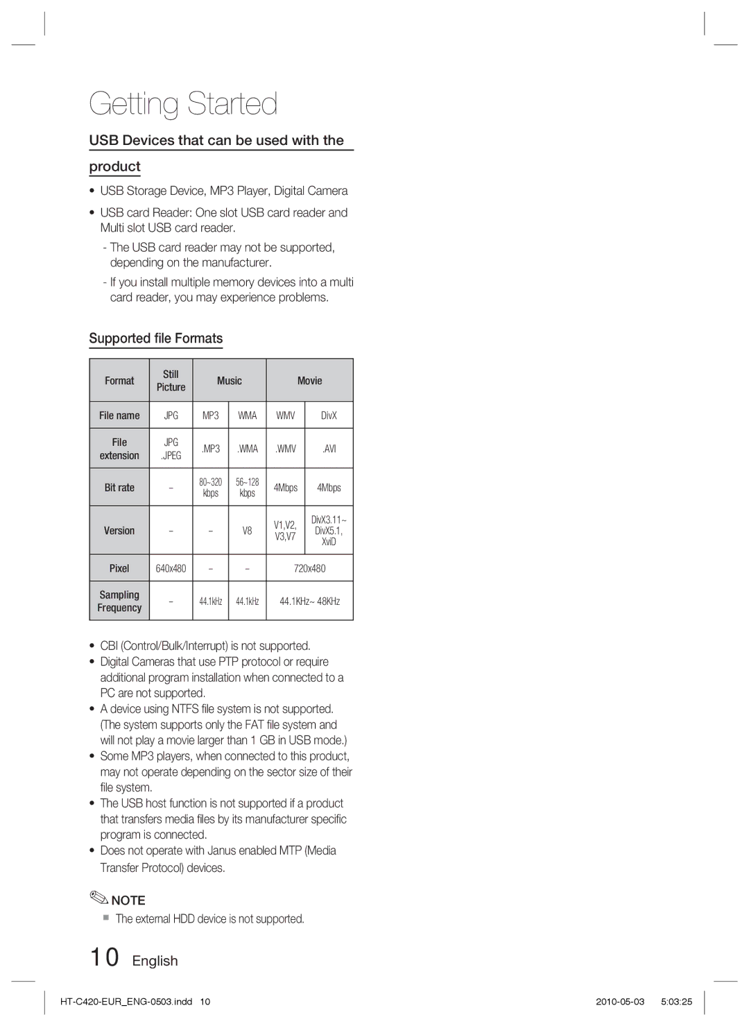 Samsung HT-C420/EDC, HT-C420/XEE manual USB Devices that can be used with Product, Supported ﬁle Formats 