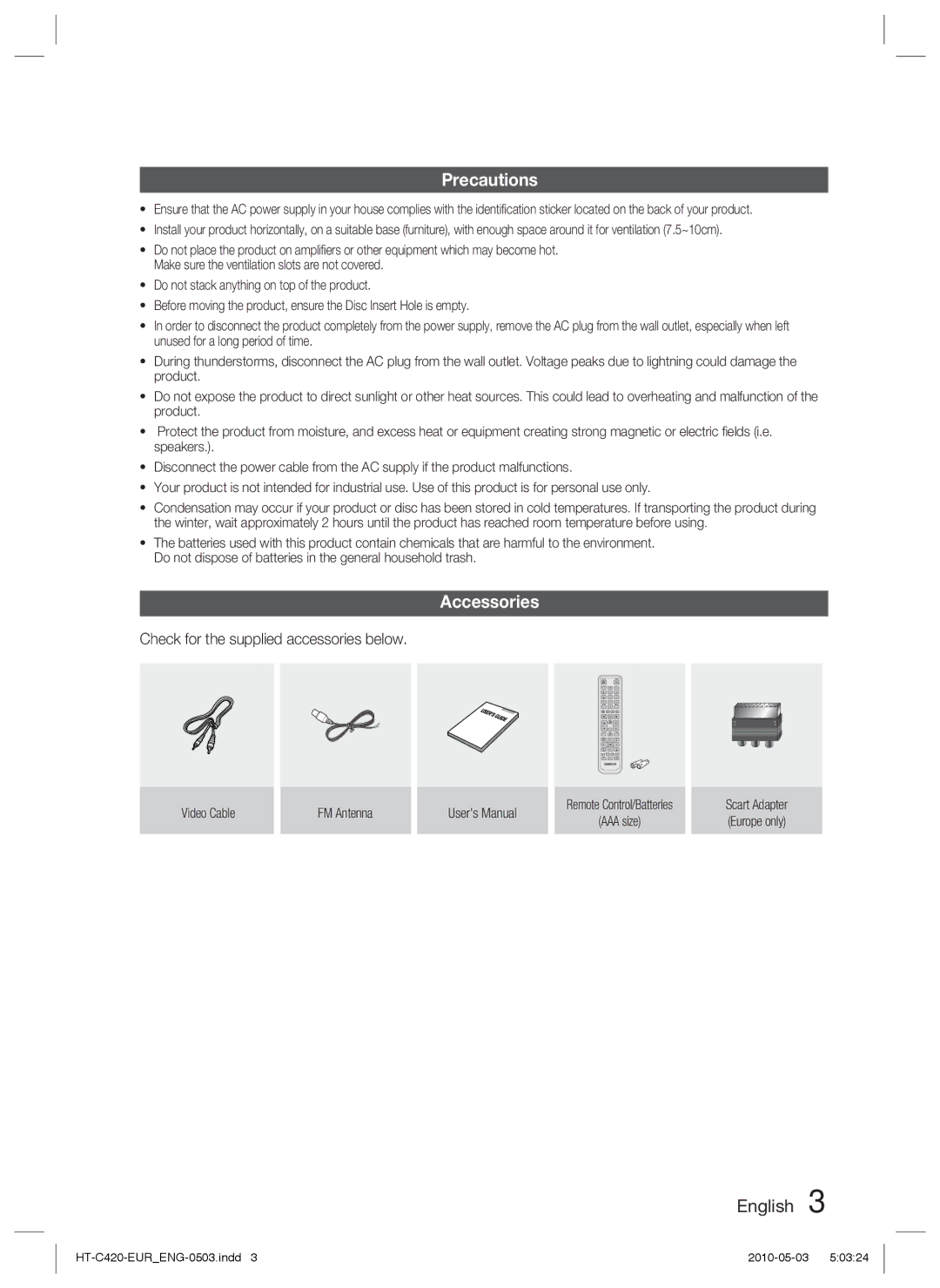 Samsung HT-C420/XEE, HT-C420/EDC manual Precautions, Accessories, Check for the supplied accessories below 