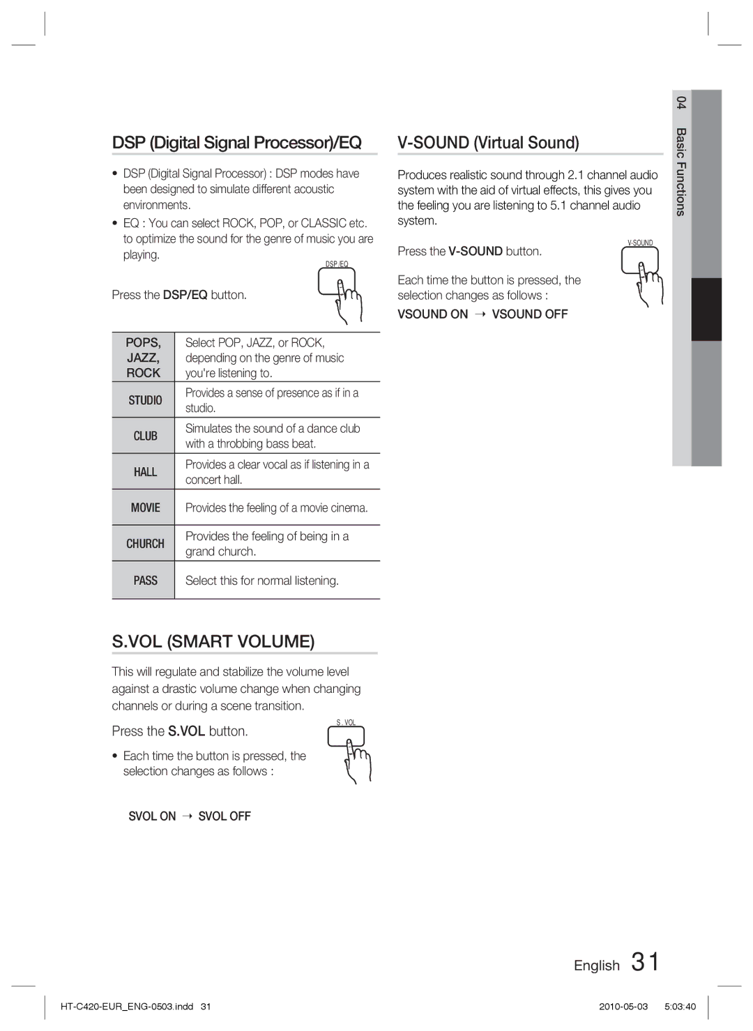 Samsung HT-C420/XEE, HT-C420/EDC manual DSP Digital Signal Processor/EQ, Sound Virtual Sound, Press the S.VOL button 